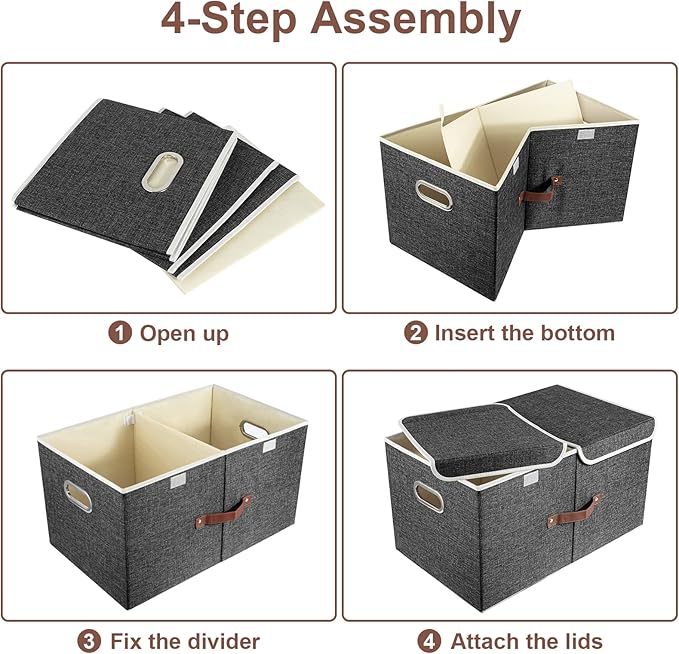 TYEERS Extra Large Collapsible Storage Bins with Lids and Compartments, Washable, Fabric Storage Boxes, 21.7x13x11.8 inches, 2 Pack, Black