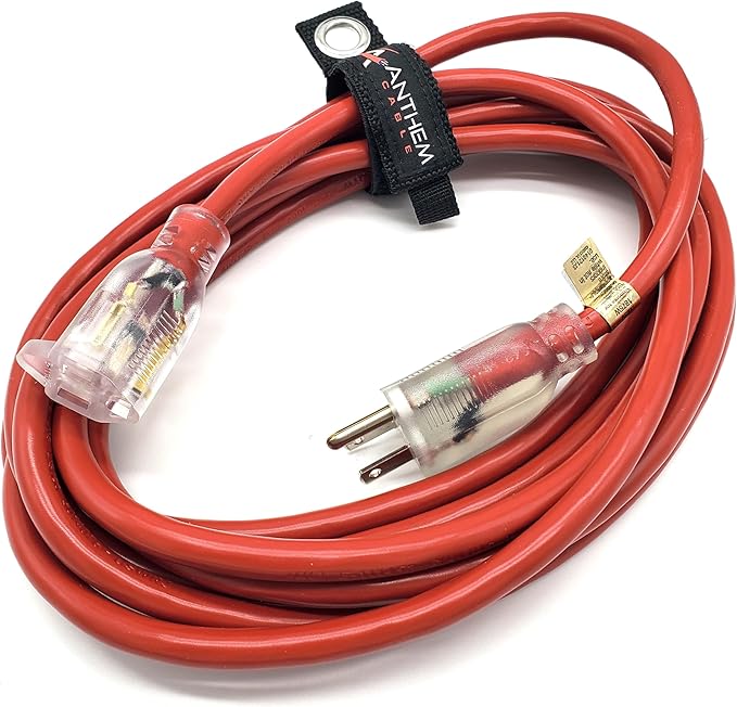 15 ft - 14 Gauge Extension Cord Outdoor - Made in USA - Lighted on Both Ends - Red Outdoor Extension_Cord Waterproof by Anthem Cable - Heavy Duty ExtensionCord 15 ft 15 Amp Extension