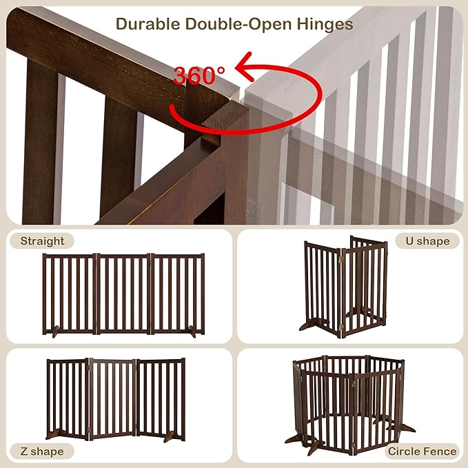 30" Height Tall Freestanding Pet Gate, Solid Wood Folding Safety Fence Wooden Dog Gate with 2 PCs Support Feet Ideal for Stairs, Doorways, Halls, Kitchens, Heavy Duty Gates, 3 Panels, Walnut