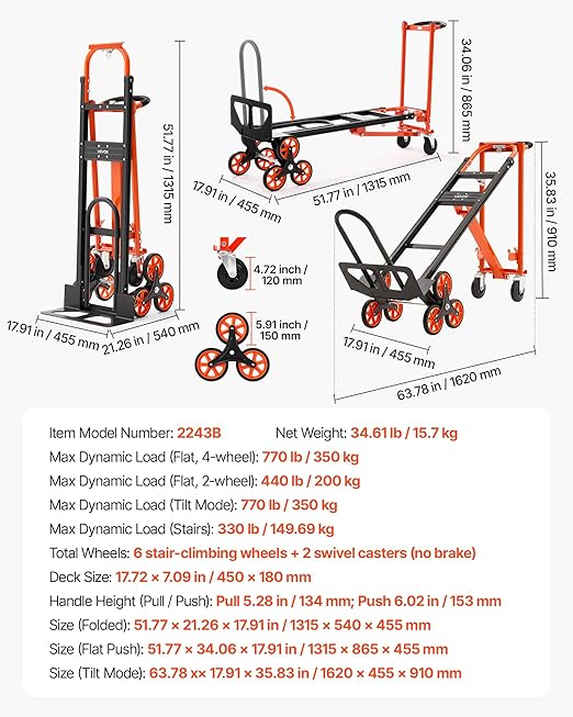 VEVOR 3 in 1 Industrial Convertible Stair Climbing Cart, 770 lbs Max Load, Folding Hand Truck Dolly with Handle & Wheels, Stair Climbing Utility Trolley for Transport & Moving, Orange & Silver