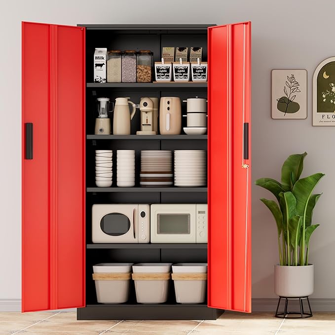 INTERGREAT Metal Storage Cabinet with Lock, 61" H Metal Cabinets Storage with 2 Doors and 4 Adjustable Shelves, Locking Garage Cabinet for Home Office, Kitchen, Bathroom (Black Red)
