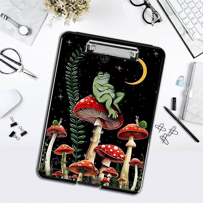 Clipboard with Storage,Office Supplies Nursing Clipboards Folder with Pen Holder Plastic Foldable Clip Board with Storage for Nurse Teacher,Mushroom Frog