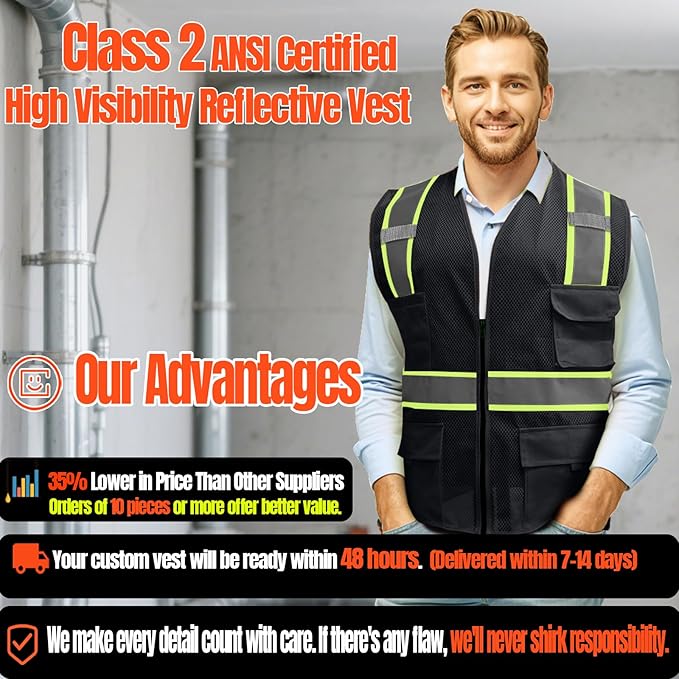 BeautyWill Custom Safety Vest Customized Logo Class 2 High Visibility Reflective Vest with Pockets Construction workwear