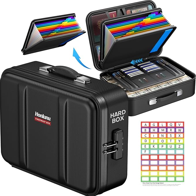 Fireproof Document Box, Hard Case Fireproof Document Organizer with Lock, Water Resistant Safe Box for Important Documents Certificates Laptop Passports (Black)
