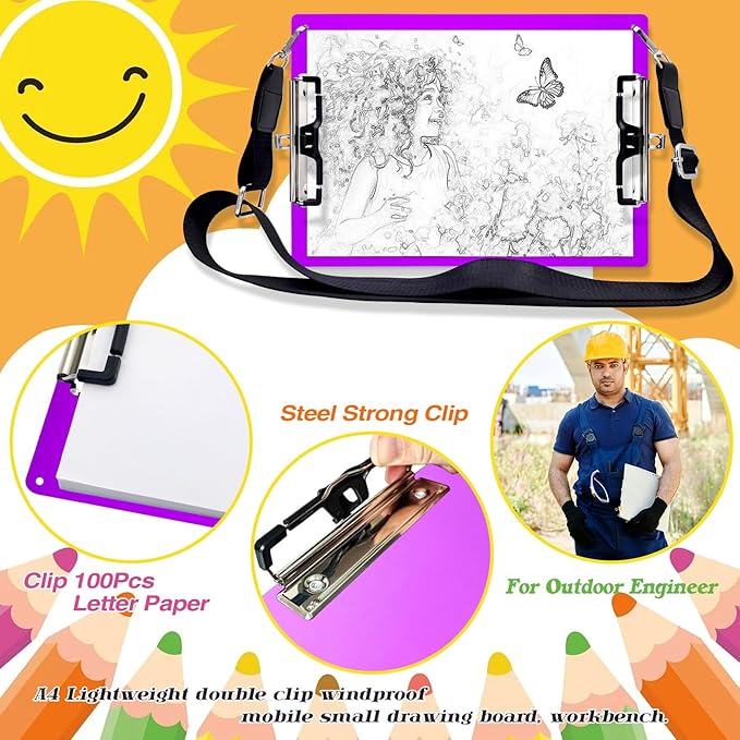 Aluminum Metal Clipboard with Detachable Adjustable Shoulder Strap A4 Double Clip Board Stainless Hangable w/Pen Holder Letter 9" x 12.6" for School Office Business Factory (Purple-with Strap, A4)