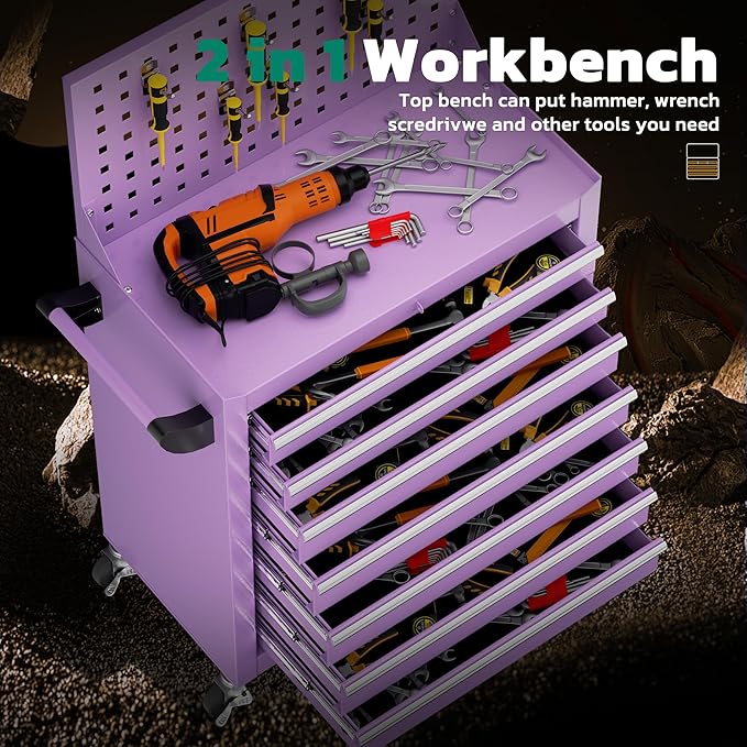 Greenvelly 7-Drawer Metal Tool Chest, Rolling Tool Chest with Wheels, Tool Cabinet with Detachable Top Tool Box, Metal Tool Cart with Liner & Hooks for Garage, Workshop, Warehouse (Purple)