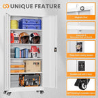 Garage Storage Cabinet with Doors and Shelves, Garage Cabinets with Wheels, Metal Lockable Storage Caninet,Tall Tool Cabnet on Wheels for Workshop/Home/Office/Shop - (White 75”H)