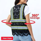 Lace-Mesh Safety Vest for Women & Men - Breathable, High Visibility Vest with Zipper & ANSI Class 2 Reflective Strips