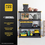 CX Black & Yellow, 4-Tier Heavy Duty Plastic Storage Shelving Unit, 200lbs/shelf (55"H x 48"W x 20"D), for Garage Tools, Basement & Outdoor Organization, Modular Rack