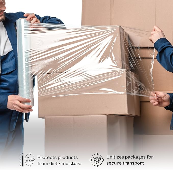 PSBM Stretch Wrap, 8 Pack, 12 Inch x 1500 Feet, 90 Gauge, Clear Plastic Cling, Cast Hand Stretch Film Rolls for Packaging Moving Packing Pallets