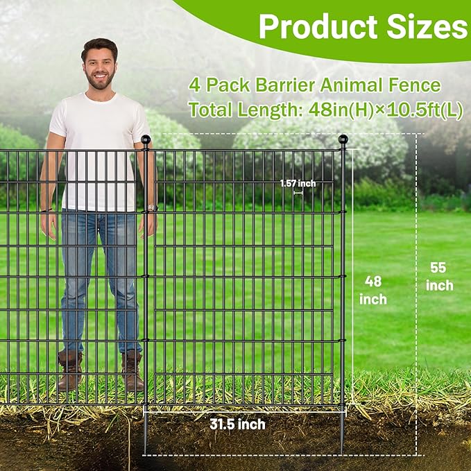4 Panels No Dig Decorative Outdoor Garden Fence for Yard, 48 in(H) X 10.5 ft(L) Animal Barrier Fencing Rustproof Metal Wire Panel Border for Dog, Rabbits, and Patio Temporary Ground Stakes