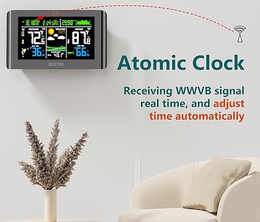 Weather Station Wireless Indoor Outdoor Thermometer: Digital Weather Thermometer with Atomic Clock Temperature Humidity Monitor with Calendar Adjustable Backlight
