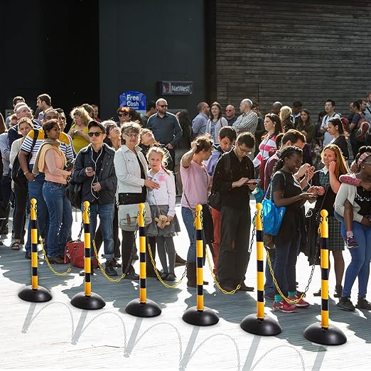 Amylove Plastic Stanchion Post Set, Traffic Warning Line Stanchion Crowd Control Safety Barriers Driveway Barrier with 5 Chains and 10 S Hooks for Outdoor Indoor Parking(Yellow Black,6 Pcs)