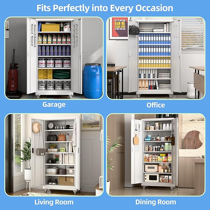 Garage Storage Cabinet with Wheels & Pegboard, 71" H x 34" W x 18" D Locking Metal Storage Cabinet with 2 Doors and 5 Adjustable Shelves for Garage Workshop Home, White, Assembly Required