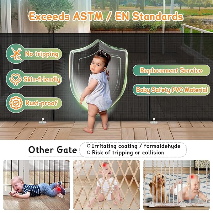 Retractable Baby Gates Extra Wide 150" (12.5 FT) x 34" Tall, Indoor/Outdoor Retractable Gate for Doorways, Stairs, Hallways, Decks, Garage,Black Retractable Dog Gate with Fiberglass Reinforcement Rods