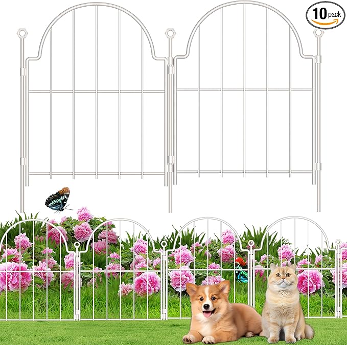 Decorative Garden Fence 17in (H) x 10ft (L), 10 Pack Metal No Dig Garden Fencing Animal Barrier for Dogs & Rabbit, Arched Flower Bed Edging Ornamental with Ground Stake for Yard & Patio, White