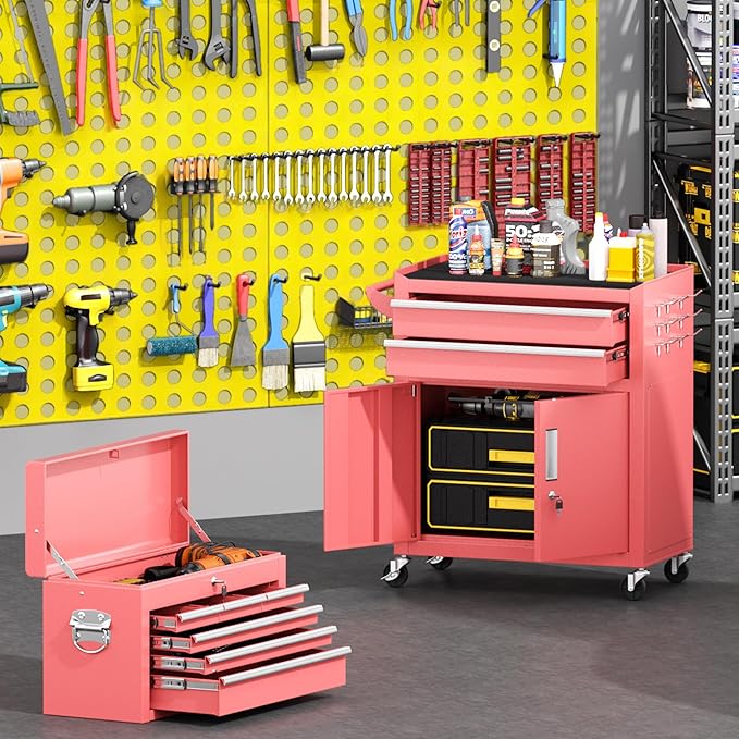Greenvelly 8-Drawer Rolling Tool Chest, Metal Tool Chest with Wheels, Tool Cabinet with Detachable Top Tool Box, Metal Tool Cart with Liner & Hooks for Garage, Workshop, Warehouse (Pink)