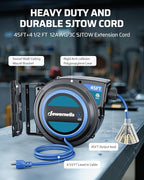 DEWENWILS 45FT Retractable Extension Cord Reel with Twist-lock Stopper, 12/3C/15A SJTOW Power Cord Reel, Lightweight and Portable, for Home Maintenance, Garages, Workshops, ETL Listed, Blue