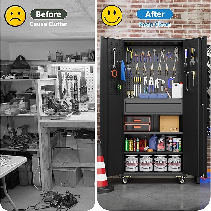 Aobabo 71" H Metal Storage Cabinet with Wheels with 5 Pegboards and 1 Drawer,Lockable Steel Tool Cabinet for Garage,Warehouse,Assembly Required,Black