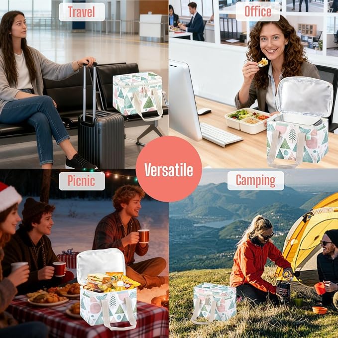 VENO 2 Pack Christmas Insulated Lunch Bag for Women Men, Reusable Lunch Box Grocery Shopping Bag Small Cooler with Handles Zippers for Work Office Picnic Beach (Pastel Forest)