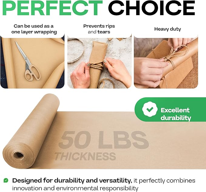 Brown Kraft Paper Roll 48" x 1800" (150 feet) with Cutter - USA-Made Quality Paper 50lb Thickness for Wrapping, Packing, Moving, Shipping, & Crafts/Arts - Natural Kraft Material by IDL Packaging
