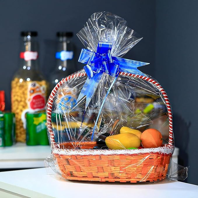 90 Packs Large Clear Cellophane Bags 14x20 18x24 24x30 Inches Jumbo Gift Basket Wraps Extra-large Transparent Plastic Bags for Fruit Basket, Gift Wrap, Treats, Arts and Crafts, 90 pcs Pull Ribbon Bow Ties