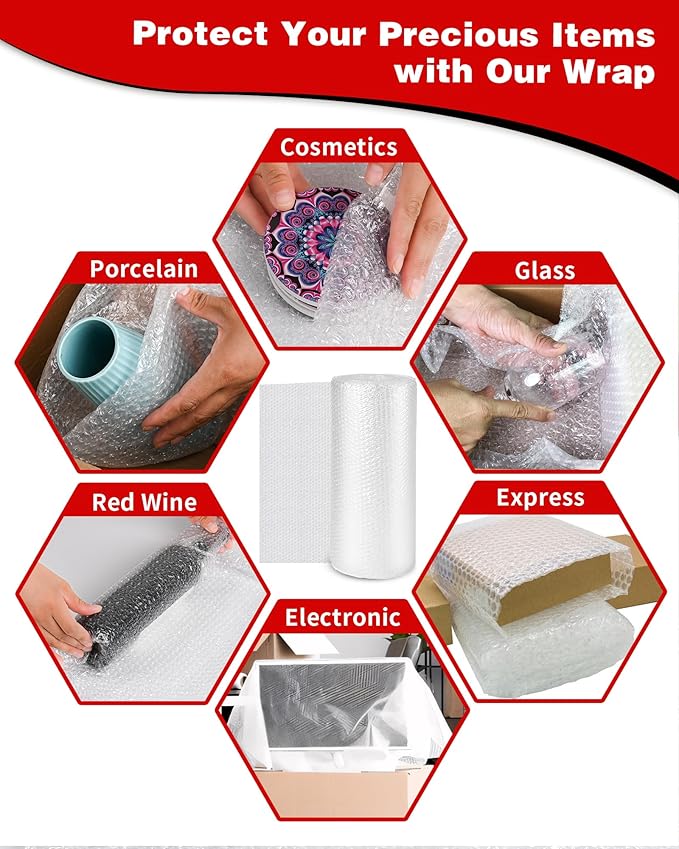 2-Pack Bubble Cushioning Wrap Rolls, 3/16" x 15" x 72' ft Total [2 Rolls of 36 Feet], Perforated 12" 20 Fragile Stickers for Shipping, Packaging, Mailing