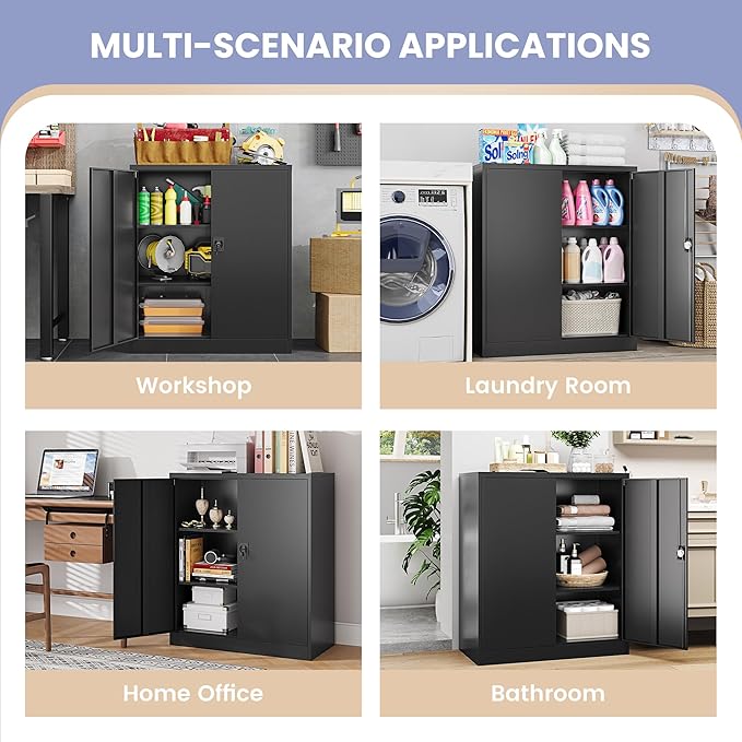 Metal Storage Cabinet, Wide & Deep Storage Cabinet with 2 Doors and Adjustable Shelves, Lockable Tool Cabinet for Garage,Home Office and School (Black)