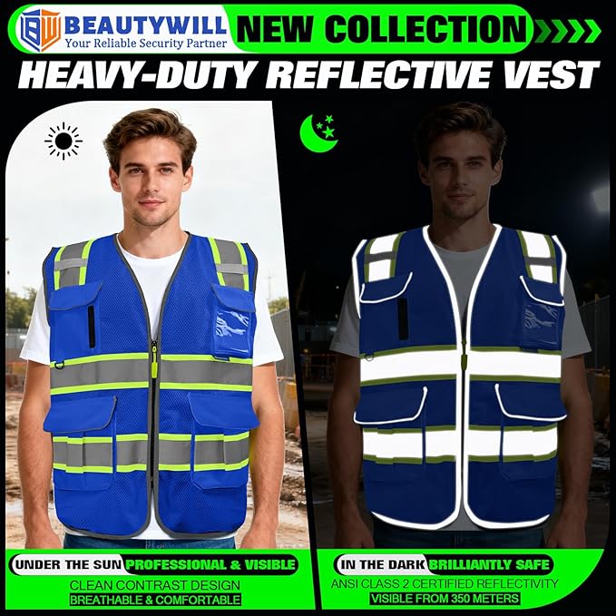 BeautyWill Custom Logo 10 Pockets Safety Vest Class2 ANSI Certified High Visibility Reflective Vest