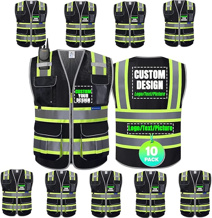 BeautyWill Custom Logo 10 Pockets Safety Vest Class2 ANSI Certified High Visibility Reflective Vest