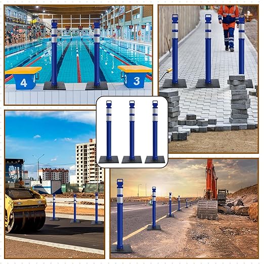 Kanayu 49 Inch Traffic Delineator Posts with 8.8 Lbs Rubber Base PE Delineator Post Portable Parking Pole Traffic Cone Barrier with Removable Base, Reflective Band(4 Packs,Blue)