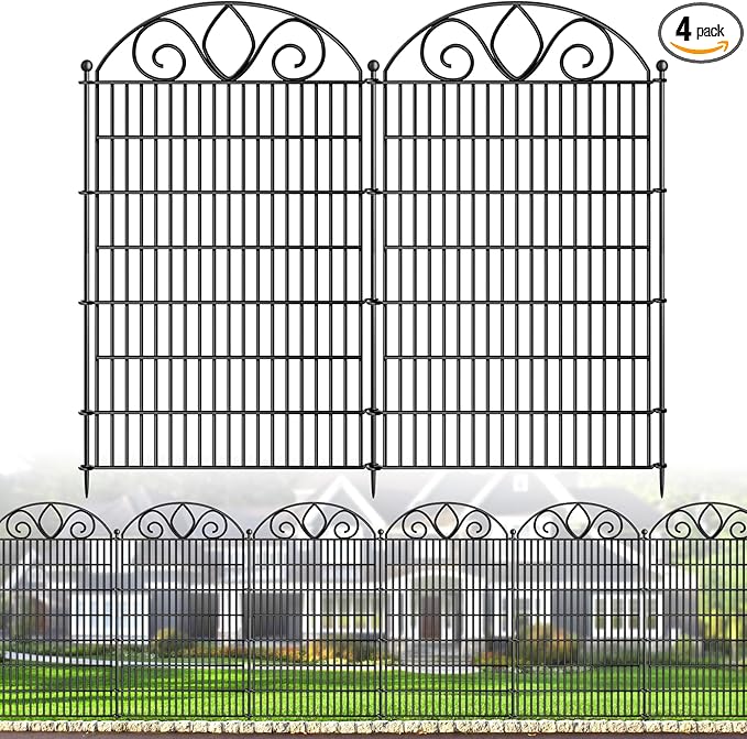 4 Panels No Dig Tall Garden Fence Panel – 48" H X 10.5' L Rustproof Metal Dog Fence Outdoor for Yard, Decorative Animal Barrier Fence for Pet, Garden Border, Patio, Flower Beds| Temporary Fencing