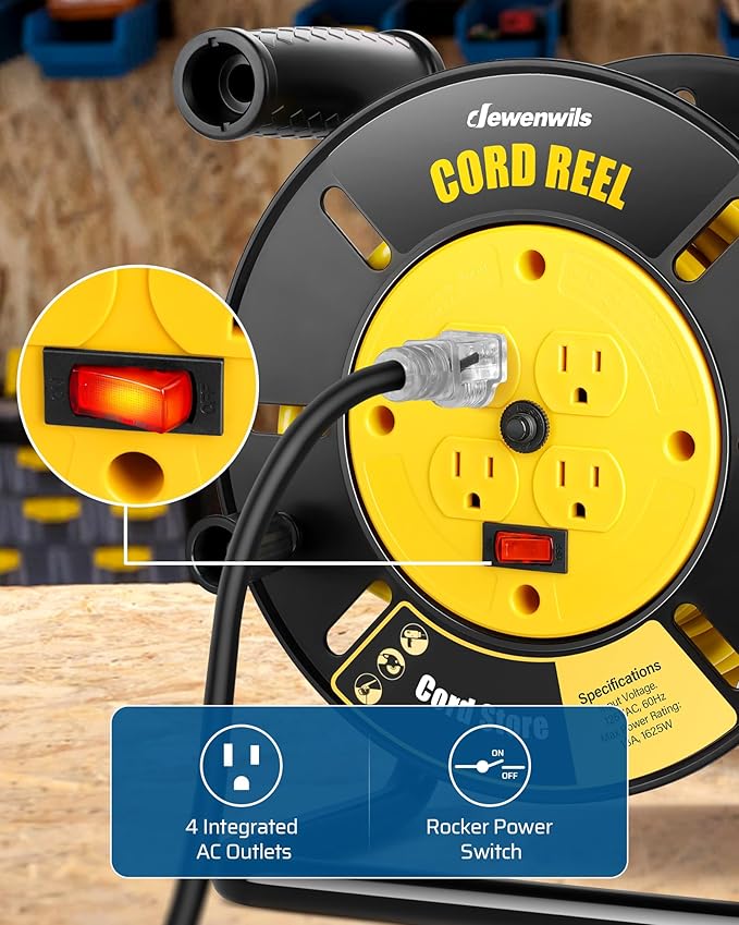 DEWENWILS Extension Cord Storage Reel with 4-Grounded Outlets, Heavy Duty Open Cord Reel for 12/3,14/3,16/3 Gauge Power Cord, Hand Wind Retractable, 13A Circuit Breaker, Yellow, ETL Listed