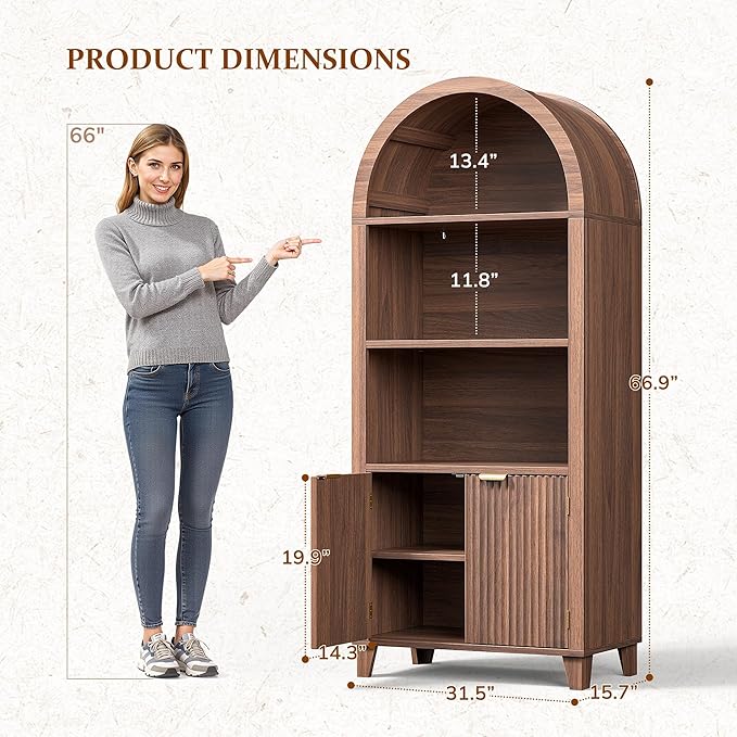Arched Kitchen Pantry, 5-Tier Arched Cabinet with Fluted Doors, Storage Cabinet with Open & Adjustable Shelves, Versatile Cupboard for Dining Room, Living Room, Walnut