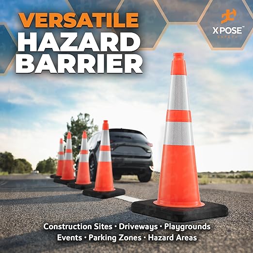 Xpose Safety 36 Inch Orange Slim Line Traffic Cones Heavy Duty 12lb, 6" & 4" Collar - Bulk Half Pallet 125 Pack - Multipurpose PVC Plastic Safety Cone Parking, Caution & Construction - DOT Approved