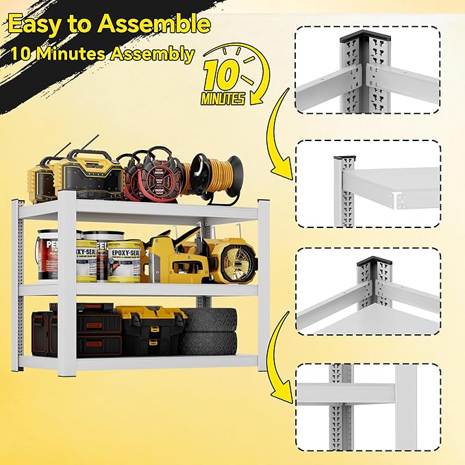 CJF Metal Storage Shelves, 3-Tier Garage Shelving Unit, Heavy Duty Adjustable Metal Shelving for Garage, Basement, Pantry, Warehouse-Black (36 "H x 36" W x 16" D)
