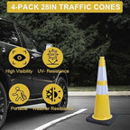 OrangeStar 4-Pack 28" Traffic Cones, Yellow Safety Cones with Reflective Collars, Heavy Duty Base for Construction, Parking Lot, Road Work, Flexible PVC, Indoor & Outdoor Use