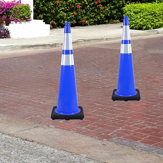 6 Pack 36 Inch Blue Heavy Duty PVC Cones with Stable Black Base, Professional Traffic Management, Parking Lots, Highway Safety, Work Sites (6, Blue, 36 Inch)