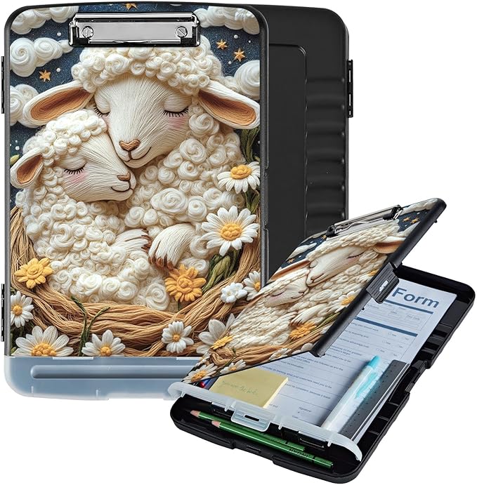 Clipboard with Storage Box & Pen Holder,Heavy Duty Clip Boards 8.5x11 for Nursing,High Capacity,School & Office Supplies,Sheep Dreams