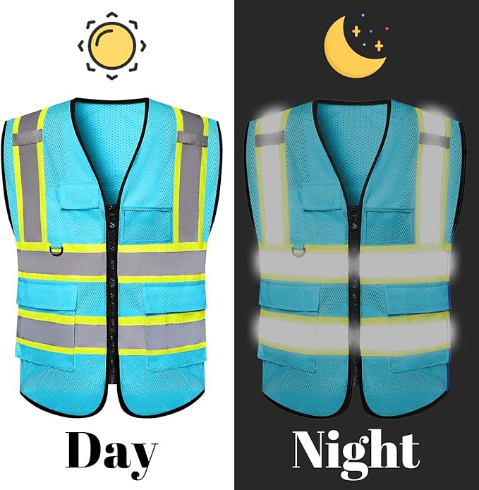 Safety Vest Reflective High Visibility with 5 Pockets ＆Zipper Class 2 Adult Unisex Construction Security Workwear