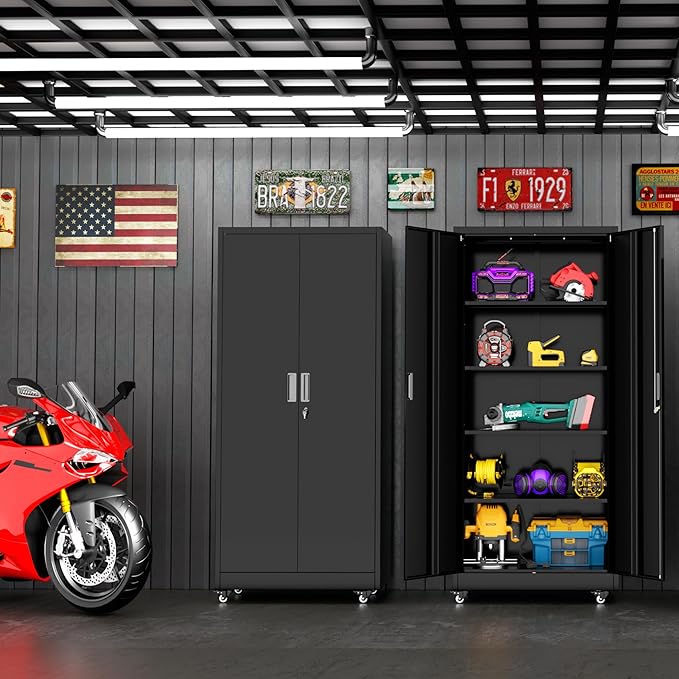 Superday Garage Storage Cabinet with Wheels，73" H Metal Storage Cabinet with Doors and Adjustable Shelves, Lockable Steel Utility Tool Cabinets for Garage, Home Office, Kitchen(Black)