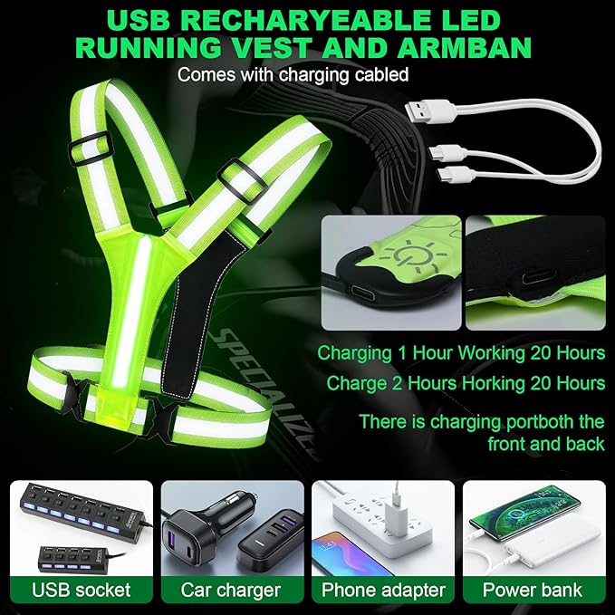 Reflective Running Gear with Led Armband Rechargeable, 5 Colors Lights Up Reflective Running Vest Rechargeable for Night Walking Running Cycling Jogging, Adjustable Size for Men Women Kids