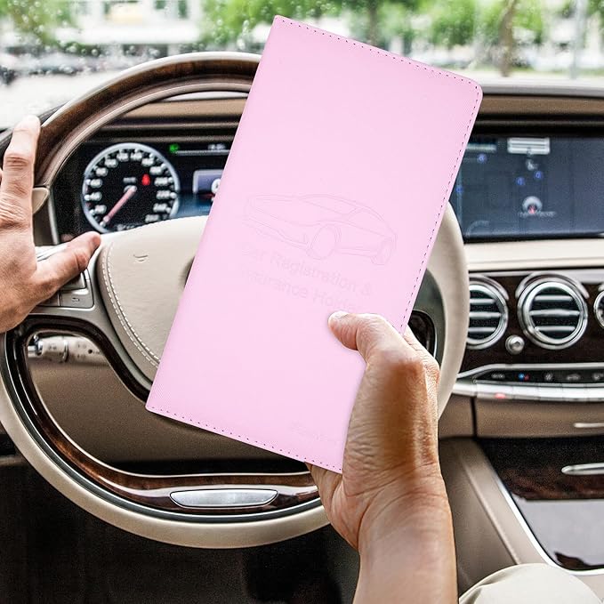 Car Insurance and Registration Holder, 9.5 x 5 Inch PU Leather Vehicle Glove Box Organizer Wallet Case for Insurance Card, Driver License, Paperwork - Pink