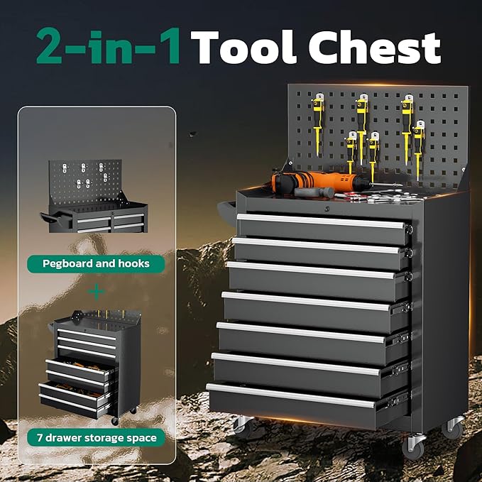 Greenvelly 7-Drawer Metal Tool Chest, Rolling Tool Chest with Wheels, Tool Cabinet with Pegboard and Hooks, Metal Tool Cart with Handle for Garage, Workshop, Warehouse (Black)