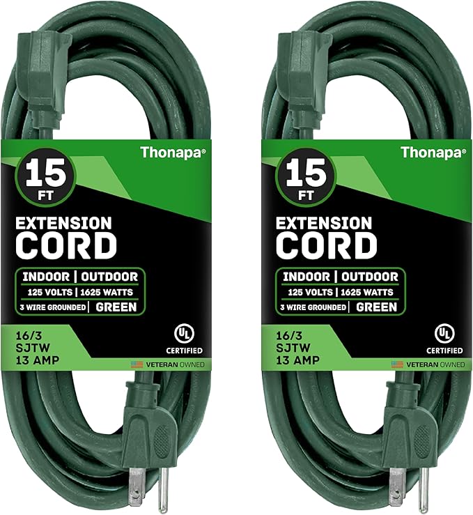 Weatherproof Green Extension Cord 15 ft, 2 Pack, 16/3 SJTW Water Resistant Outdoor Extension Cord 15 Foot 3 Prong, 13 AMP Electric Cable for Outside, Outdoor Lights & Landscaping