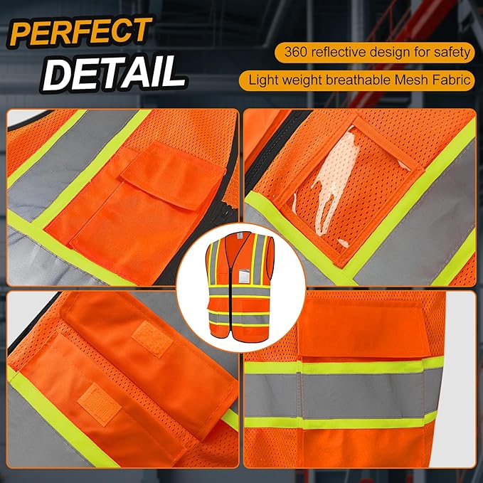 Safety Vest for Men Women 5 Pockets High Visibility Vest with Reflective Strips, Hi Vis Vest with Mesh Fabric, Breathable, (GR720-Orange,L).