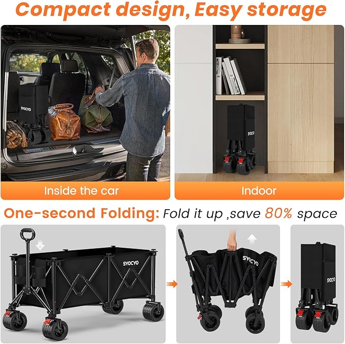 Collapsible Wagon Carts 570LBS Weight Capacity Foldable Beach Wagon with Big All-Terrain Wheels 330L Heavy Duty Utility Carts with Cup Holders for Camping, Garden, Sports, Grocery Black