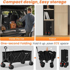 Collapsible Wagon Carts 570LBS Weight Capacity Foldable Beach Wagon with Big All-Terrain Wheels 330L Heavy Duty Utility Carts with Cup Holders for Camping, Garden, Sports, Grocery Black