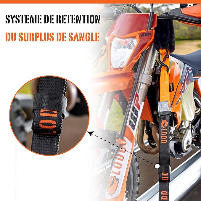 LODD - Motorcycle Tie Down Straps with Swivel Carabiner, Heavy-Duty Buckles, Fur Protection, Reinforced Buckle | 2,400 lbs, 1.5" | Trailer Securing for Dirt Bike, Enduro, Trial, Quad, Trail