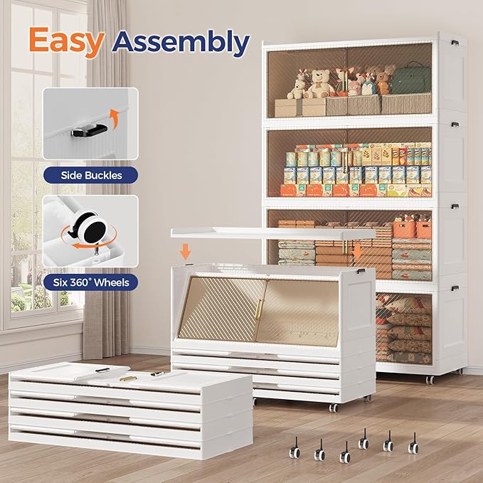 320Gal Extra Large Stackable Storage Bins with Lid, 1280Qt Collapsible Storage Box with Wheels, Closet Organizers and Storage Cabinet Container for Home, Kitchen, Office, Bedroom, 4Pack White